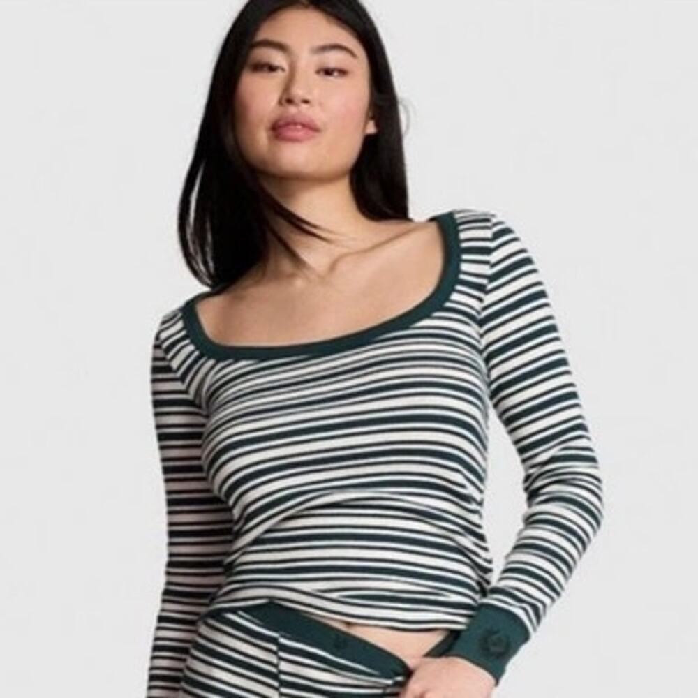 PINK Victoria’s Secret Green Striped Thermal Pajama Top size M